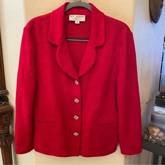 ST. JOHN Women Red 2-Piece Rhinestone Buttons Wool Jacket Pants Size 10/12 - Picture 2 of 12